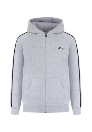 Grå zip-up hættetrøje med kængurulomme, sorte sidelister og et lille logo på venstre bryst. Glat stof og justerbar hætte.