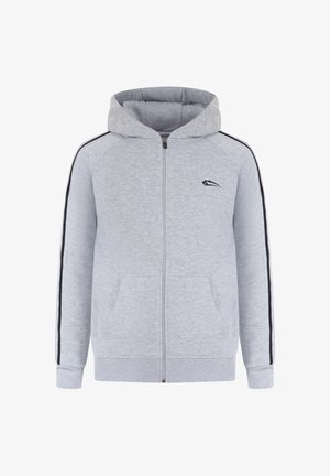 Sudadera gris con cremallera y bolsillo canguro, rayas negras en los laterales y un pequeño logo en el pecho izquierdo. Tejido suave y capucha ajustable.