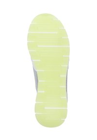 Shoe outsole with a textured yellow rubber surface featuring white traction grooves. Side features a grey mesh material for breathability.