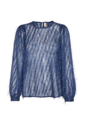 Middengrijze langemouwen top van doorschijnende stof met franjes en metallic accenten, met een ronde halslijn en knoopsluiting aan de achterkant.