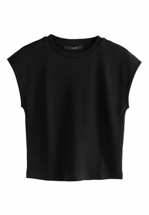 Schwarzes, kurzes T-Shirt aus weichem Stoff mit rundem Ausschnitt und kurzen Cap-Ärmeln. Glatte Textur ohne Muster oder Verzierungen.