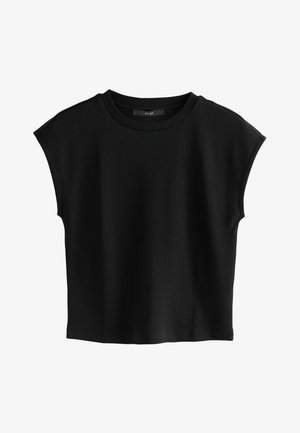 Schwarzes, kurzes T-Shirt aus weichem Stoff mit rundem Ausschnitt und kurzen Cap-Ärmeln. Glatte Textur ohne Muster oder Verzierungen.