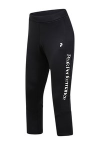 Schwarze Capri-Leggings aus dehnbarem Material, mit einem weißen "Peak Performance"-Logo an der Außenseite des Beins und einem glatten Bund.