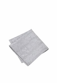 Gray paisley pocket square with intricate floral patterns, made of fabric. Displays a smooth texture and neatly folded design.