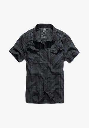 Camisa de cuadros de manga corta en gris oscuro con acentos en azul. Presenta un cierre de botones en la parte delantera y dos bolsillos en el pecho. Está hecha de una mezcla de algodón.