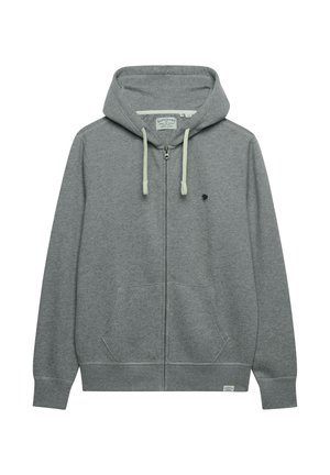 Grå hættejakke med fuld lynlås, forlommer, snøre i hætten, ribkanter ved ærmerne og et lille broderet logo på venstre bryst.