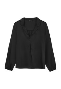 Blusa nera a maniche lunghe realizzata in tessuto liscio. Presenta un collo a camicia, una piega al centro e polsini elasticizzati per una vestibilità comoda.