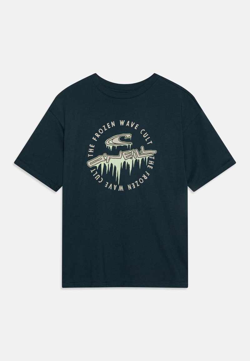 Dark blue short-sleeve t-shirt featuring a circular graphic with green and white text that reads "THE FROZEN WAVE CULT" and a wave design.