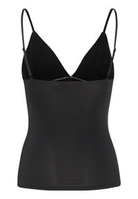 Camisole noire avec fines bretelles ajustables, encolure en V et coupe ajustée. Fabriquée en tissu lisse et extensible sans motifs apparents.