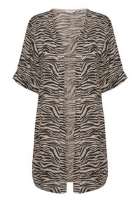 Kimono eläinkuosilla, valmistettu kevyestä kankaasta. Ominaisuutena rento siluetti, lyhyet hihat ja avoin etuosa hillityissä beigessä ja mustassa sävyssä.