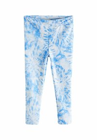 Niebieskie i białe legginsy tie-dye o miękkiej teksturze, wyposażone w elastyczny pas i żywy wzór wirów na całej powierzchni.