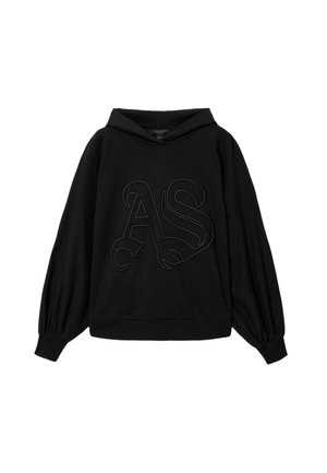 Zwarte hoodie van zachte stof met een prominent, geperst "AS"-logo aan de voorkant, ballonmouwen en een capuchon met trekkoord.