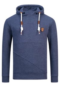 Sudadera azul marino de tejido texturizado, con un bolsillo tipo canguro, acentos de costura diagonal, cordones blancos y un parche de logo marrón.