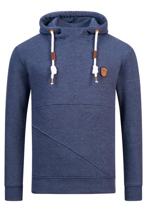 Navy blue hoodie with a textured fabric, featuring a kangaroo pocket, diagonal seam accents, white drawstrings, and a brown logo patch.