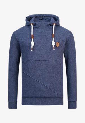 Hanorac bleumarin dintr-un material texturat, cu o buzunar tip kangur și accente cu cusături diagonale, șnururi albe și o etichetă cu logo maro.