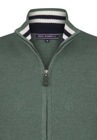 Grüner strukturierter Reißverschluss-Pullover mit hohem Kragen, versehen mit einem gestreiften Rippkragen und einem Markenetikett. Reißverschluss mit einem kleinen Ledergriff.