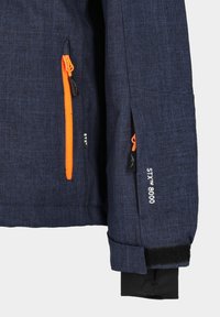 Dunkelblaues Jacket aus strukturiertem Stoff mit orangen Reißverschlussakzenten und einem STX 8000-Logo. Verfügt über verstellbare Bündchen und Reißverschlusstaschen.
