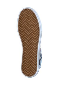 Schuhsohle mit einem Zickzackprofil aus braunem Gummi, umrandet von weißem Rand. Verfügt über einen seitlichen Reißverschluss und farbenfrohe dekorative Akzente.