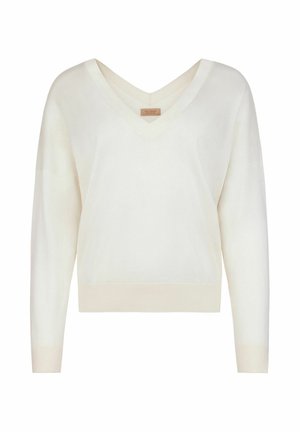 Cremefarbener Strickpullover mit V-Ausschnitt, langen Ärmeln sowie gerippten Bündchen und Saum.