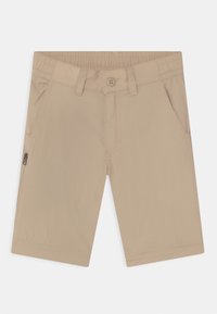 Béžové kraťasy vyrobené z lehkého materiálu, s elastickým pasem, zapínáním na knoflík a několika kapsami, včetně kapsy na zip na boku.