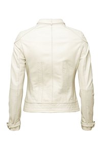 Veste en cuir blanc cassé vue de dos avec coutures ajustées, manches longues, petit col et sangles à boucles réglables aux poignets.