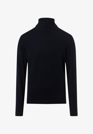 Schwarzer Rollkragenpullover aus weichem Stoff, mit langen Ärmeln, einem gerippten Kragen und einem geraden Saum ohne Muster oder Verzierungen.