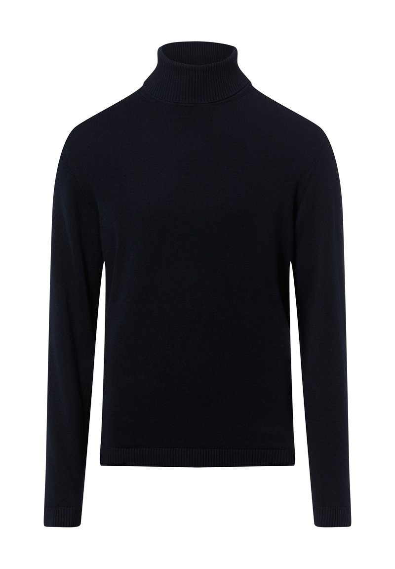 Czarny sweter z golfem, wykonany z miękkiej tkaniny, z długimi rękawami, prążkowanym kołnierzem i prostym dołem, bez wzorów i zdobień.