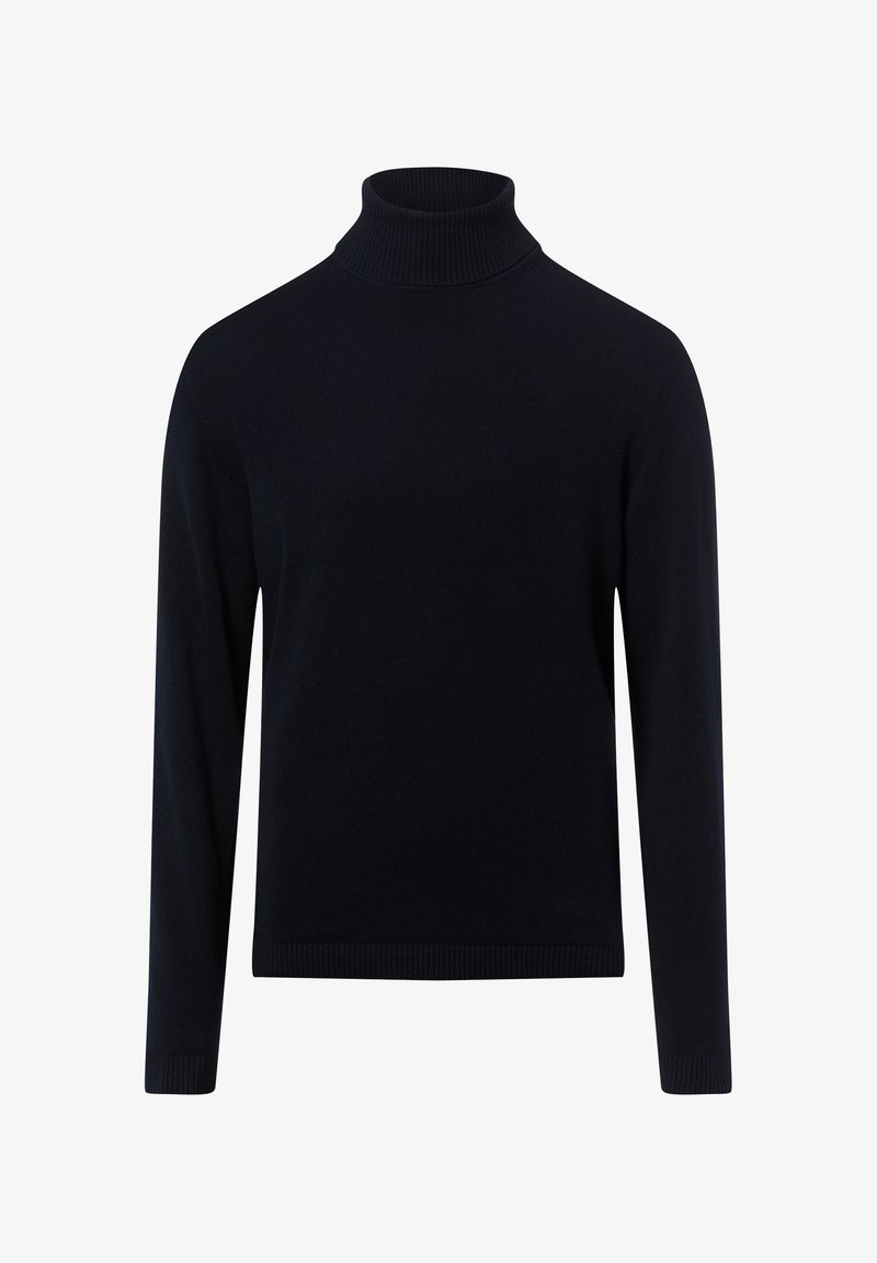 Czarny sweter z golfem, wykonany z miękkiej tkaniny, z długimi rękawami, prążkowanym kołnierzem i prostym dołem, bez wzorów i zdobień.