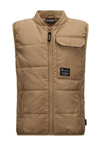 Beige Puffer-Weste mit hohem Kragen, durchgehendem Reißverschluss, Brusttasche auf der linken Seite und seitlichen Reißverschlusstaschen. Glattes, leichtes Material mit gestepptem Muster.