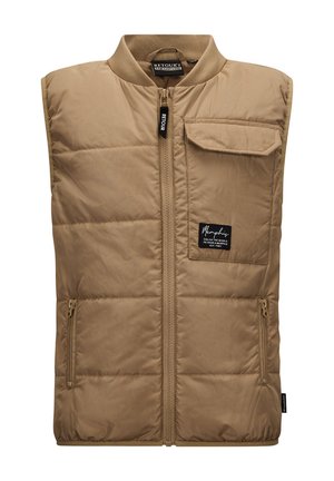 Beige puffervest met een hoge kraag, voorrits, borstzak aan de linkerkant en zijzakken met rits. Glad, lichtgewicht stof met een gequilte patroon.