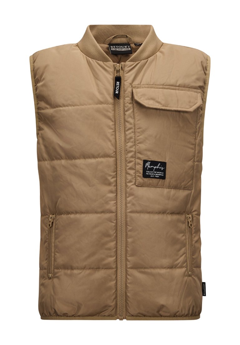Beige Puffer-Weste mit hohem Kragen, durchgehendem Reißverschluss, Brusttasche auf der linken Seite und seitlichen Reißverschlusstaschen. Glattes, leichtes Material mit gestepptem Muster.