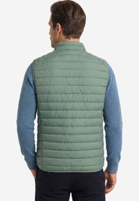 Mann, der eine hellgrüne gesteppte Weste über einem blauen Strickpullover trägt, von hinten vor weißem Hintergrund gezeigt.