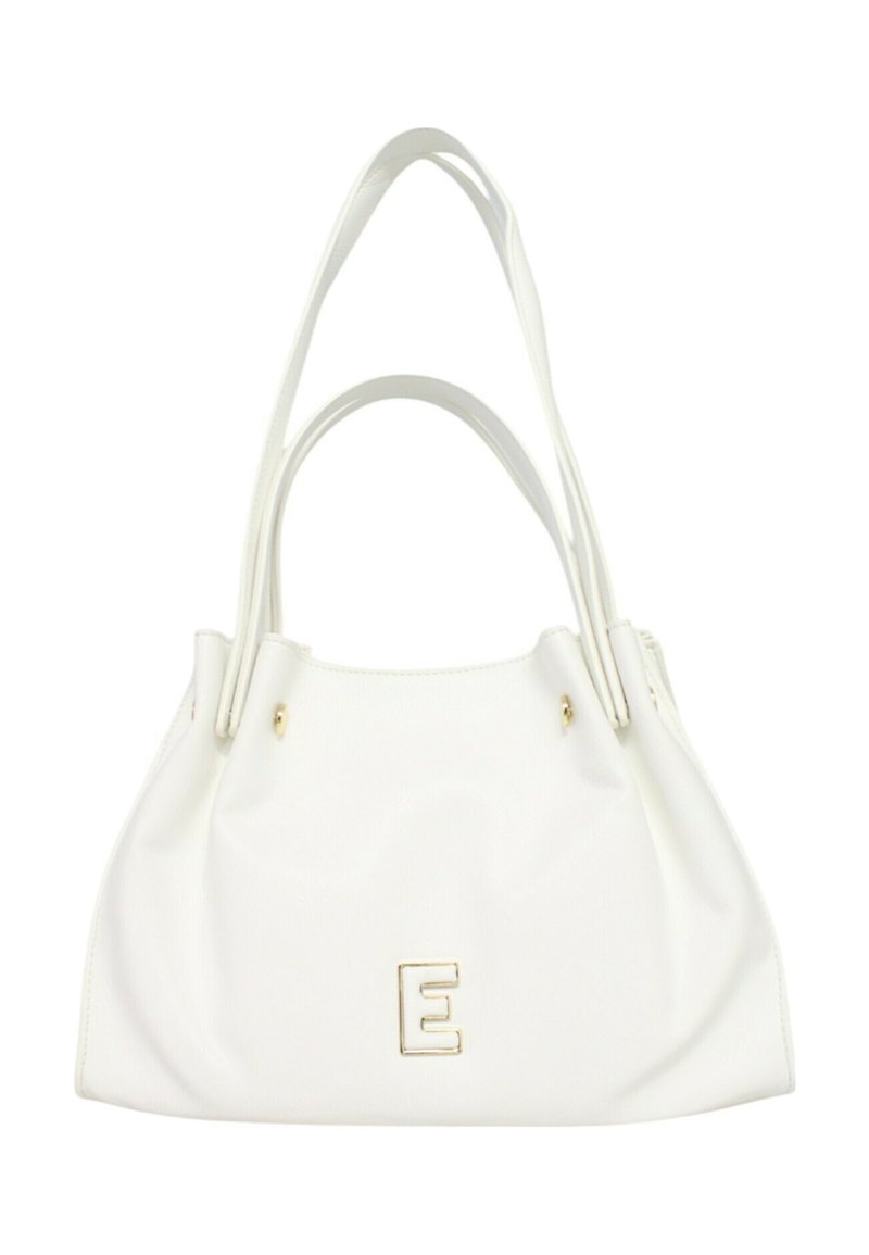 Borsa in pelle sintetica bianca con accessori dorati, caratterizzata da un grande logo a forma di lettera "E", manici doppi e una texture morbida.