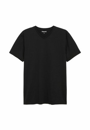 Zwarte T-shirt met korte mouwen en een V-halsontwerp. Gemaakt van zacht materiaal, het heeft een klassieke snit en een lichte textuur. Merkenlabel zichtbaar.