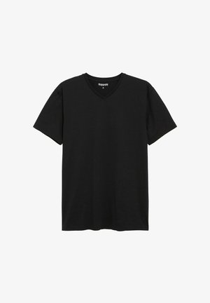 Zwarte T-shirt met korte mouwen en een V-halsontwerp. Gemaakt van zacht materiaal, het heeft een klassieke snit en een lichte textuur. Merkenlabel zichtbaar.