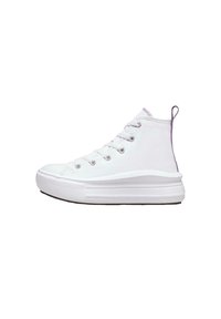 Białe trampki w stylu high-top z płóciennym cholewką, płaskimi sznurowadłami i wzmocnionym czubkiem. Posiadają grubą białą podeszwę z drobnymi rowkami i lawendowym akcentem.