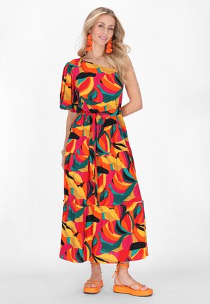 Maxi-Kleid mit leuchtendem rot, orange und grünem Blumenmuster; ein-Schulter-Design mit Rüschensleeve, tailliertem Bund und Stufenrock.