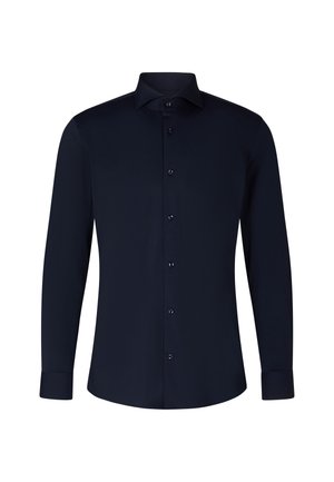 Marineblauw overhemd met lange mouwen, gemaakt van gladde stof, met een gespreide kraag, volledige knoopsluiting aan de voorkant en knoopmanchetten in een getailleerde pasvorm.