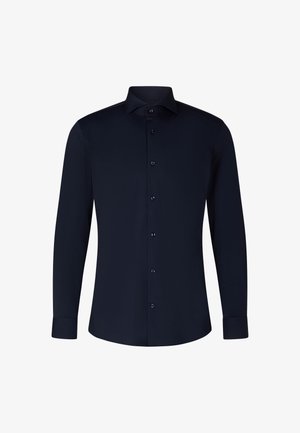 Granatowa koszula z długim rękawem, wykonana z gładkiego materiału, z kołnierzykiem typu spread, pełnym zapięciem na guziki oraz mankietami zapinanymi na guziki, o dopasowanym kroju.