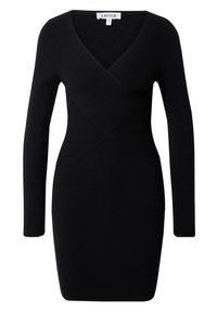 Schwarzes geripptes langärmliges Kleid mit V-Ausschnitt und taillierter Silhouette. Verfügt über ein Überkreuzdesign und einen knielangen Saum.