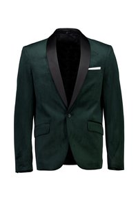 Blazer verde scuro con colletto scialle in satin nero, chiusura a singolo bottone e tasche laterali. Presenta una leggera lucentezza e una texture liscia.