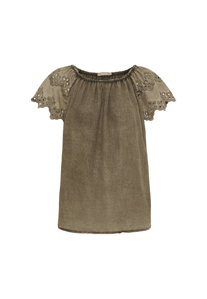 Olivenfarvet, kortærmet bluse med broderede blomsterdesigner på blonder, samlet halsudskæring og blødt, tekstureret stof.