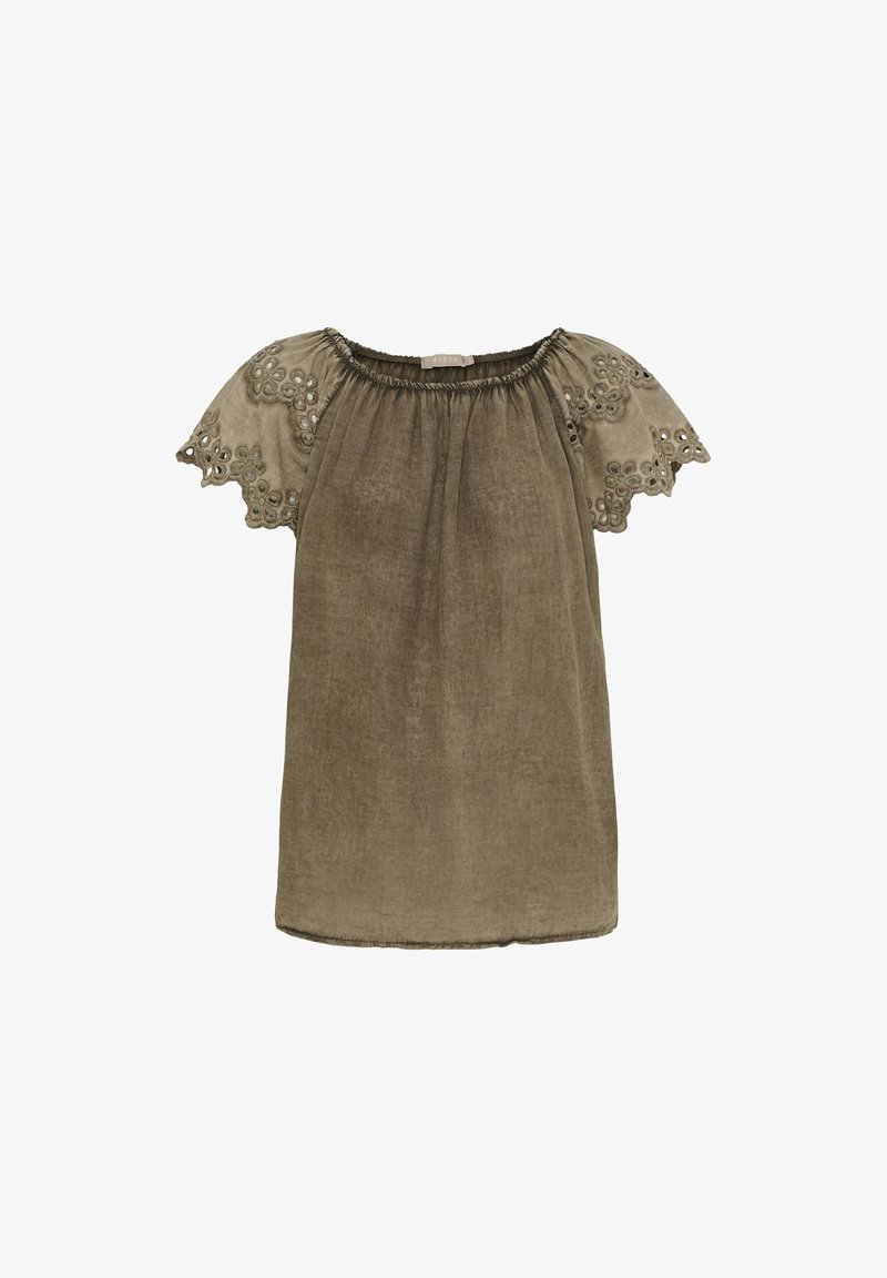 Olivenfarvet, kortærmet bluse med broderede blomsterdesigner på blonder, samlet halsudskæring og blødt, tekstureret stof.