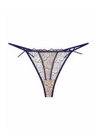 Lace thong with floral pattern in nude and deep purple. Features scalloped edges and thin straps, emphasizing a delicate design.