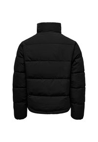 Chaqueta de plumas negra con acolchado horizontal, mangas largas y cuello alto, mostrada desde atrás sobre un fondo blanco.