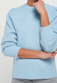 Pull en tricot bleu clair avec un motif texturé, des poignets et un ourlet côtelés, et un matériau doux et pelucheux pour la chaleur et le confort.