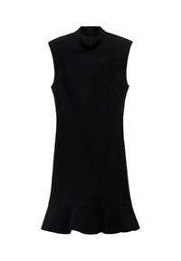 Black sleeveless dress with a high neck, fitted bodice, and flared ruffle hem. Crafted from a smooth, stretchy material with solid color.