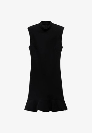 Černé bezrukávové šaty s vysokým límcem, přiléhavým tělem a rozšířeným volánkovým lemem. Vyrobené z hladkého, elastického materiálu v jednobarevné variantě.