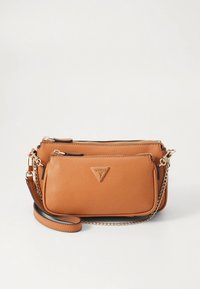 Brown textured synthetic leather crossbody bag with two zippered compartments, gold-tone hardware, and a detachable strap.