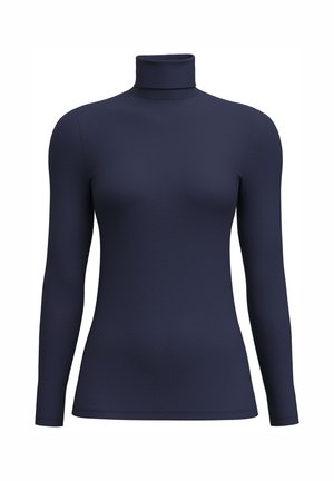 Navy blue long-sleeve turtleneck shirt; smooth texture, fitted design, high neck, no patterns or hardware. Soft material for comfort.